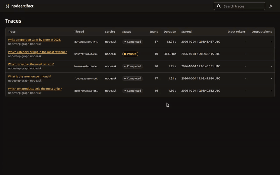 text-to-sql-demo runs in nodeartifact: the live trace list, a search, the graph view with replay, a search in a step's data, the timeline with sub-agent runs and a span