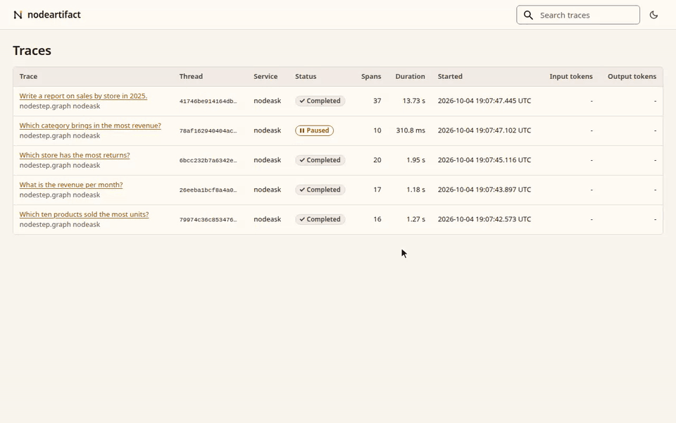 text-to-sql-demo runs in nodeartifact: the live trace list, a search, the graph view with replay, a search in a step's data, the timeline with sub-agent runs and a span